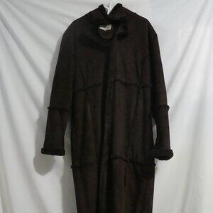 FAIRWEATHER | large | Long Chocolate Brown Faux Suede Coat | Faux Fur Lining